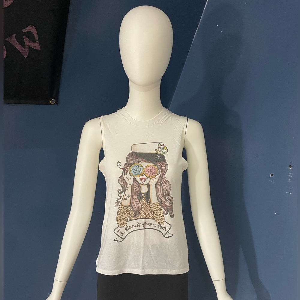 Ultra Rare Valfre I Donut Give A F*ck Muscle Tee Tank Top Size XS White